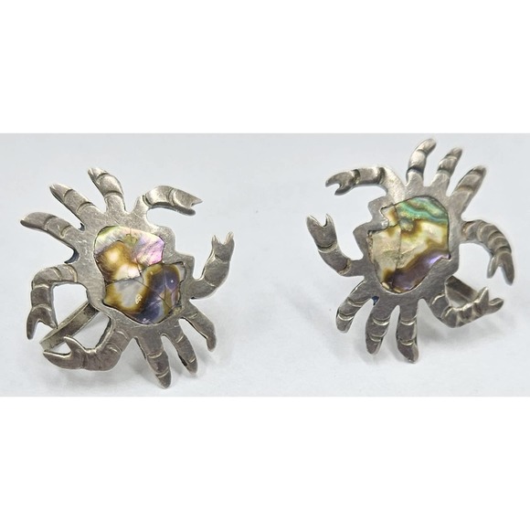 Vtg Mexico Taxco Sterling Abalone Shell CRAB Earrings Screw Back Signed 1950's - Picture 2 of 3